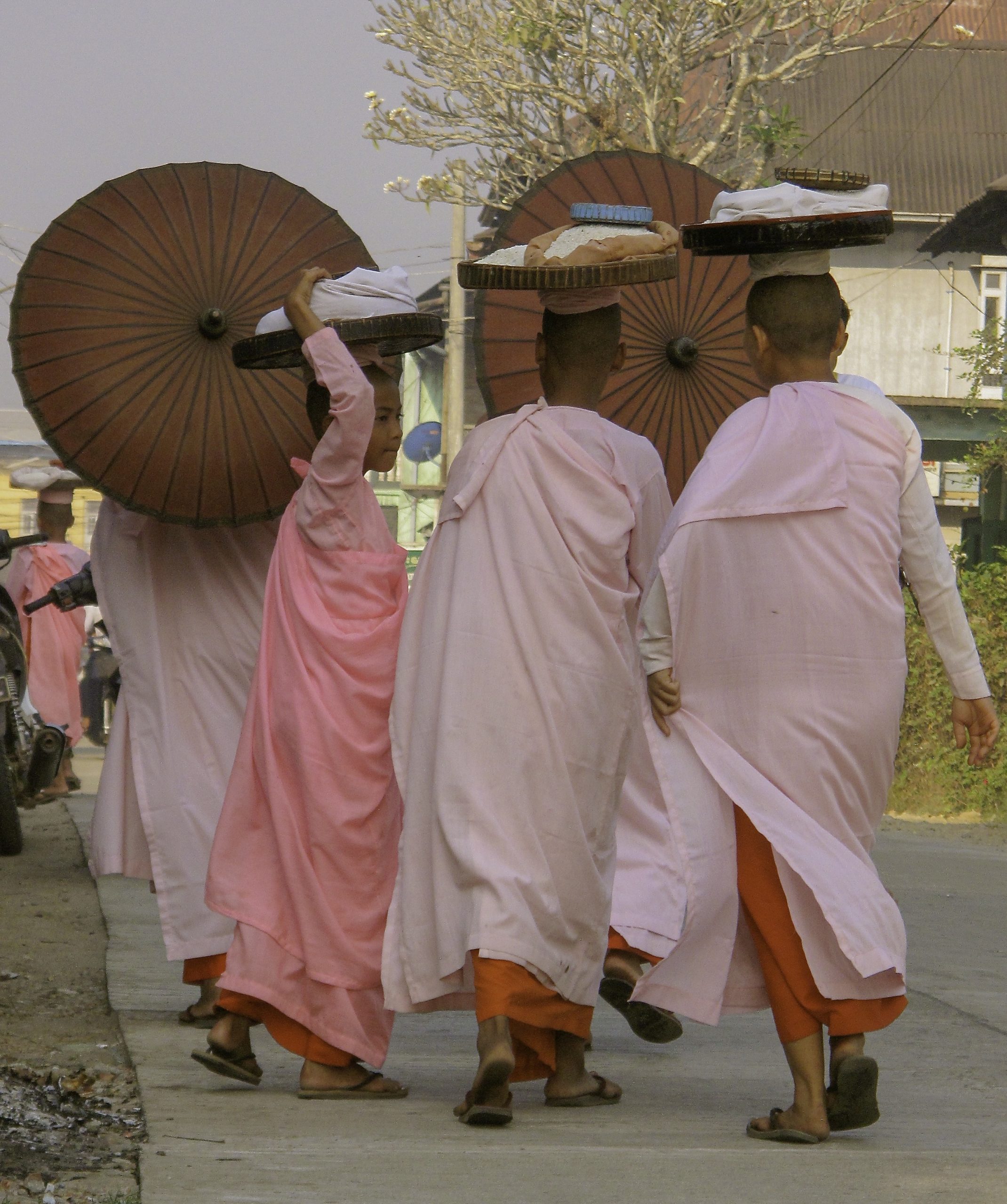 Boys dressed in orange and light-coloured robes walking. Three boys move away showing their backs. They are carrying light weight packages on their heads. Some have parasols.