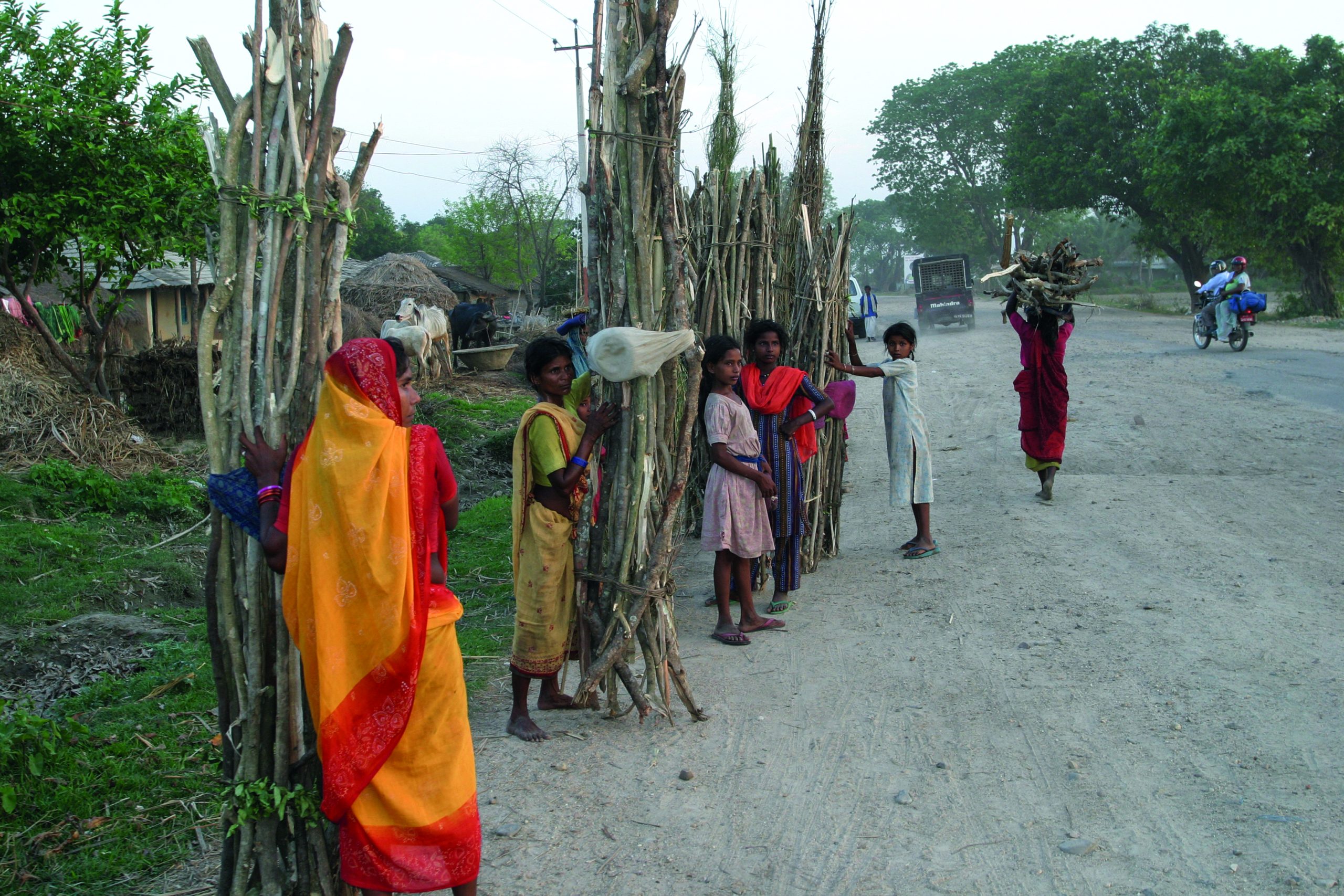 Ryhmä nuoria naisia kantamassa polttopuita. Ne ovat pituudeltaan parimetrisiä ja sidottu kimpuiksi. Ryhmä pysyttelee paikoillaan tien reunassa.