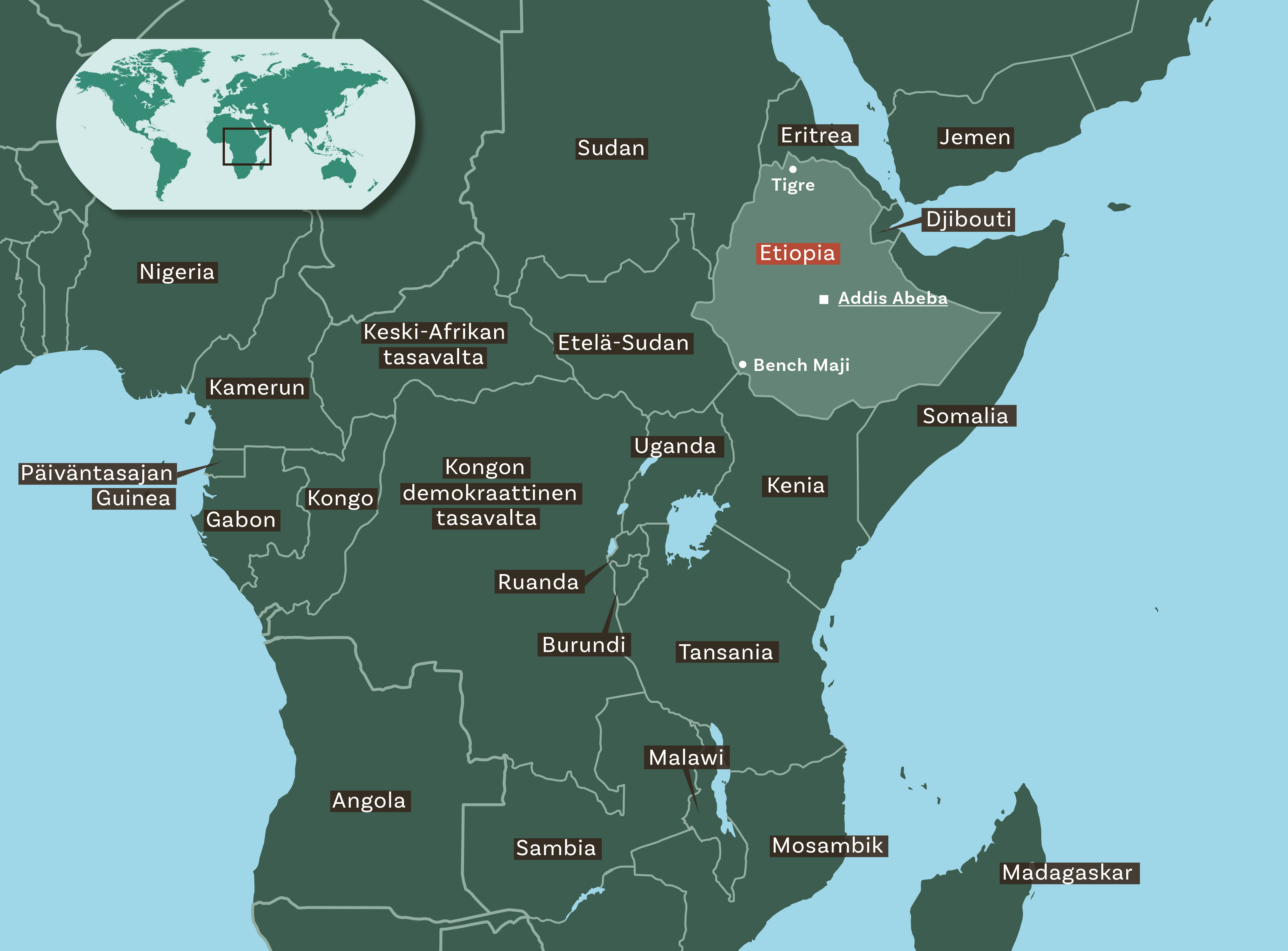 Kartassa ovat Etiopian naapurivaltiot: Dijibouti, Eritrea, Sudan, Etelä-Sudan, Kenia ja Somalia. Vihreässä kartassa näkyy myös muita Afrikan valtioita.