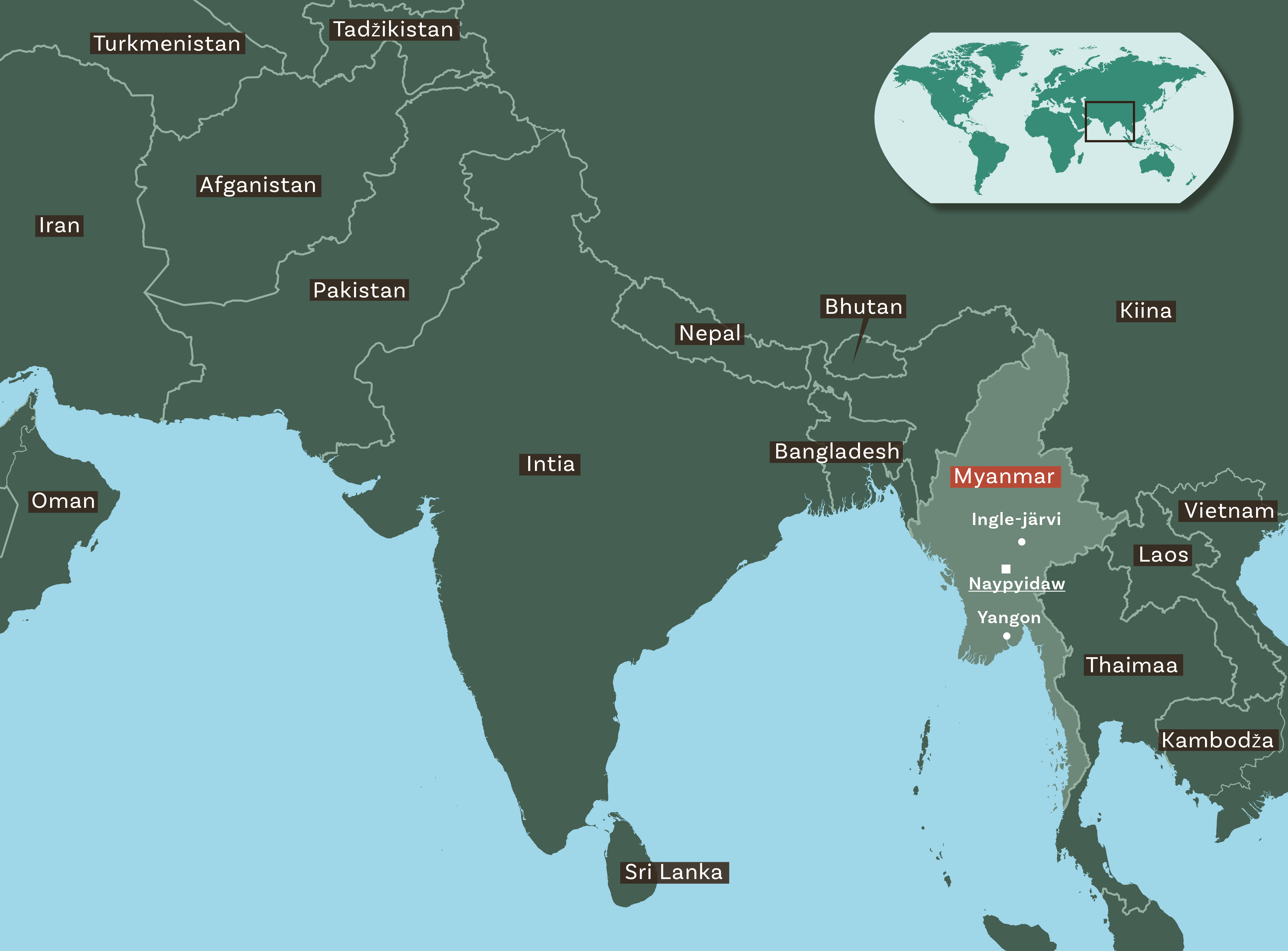 Kartalla näkyvät Myanmarin naapurivaltiot: Kiina, Laos, Thaimaa, Butan, Bangladesh. Kartassa näkyy myös muita Aasian maita. Yläkulmassa maailman kartta.